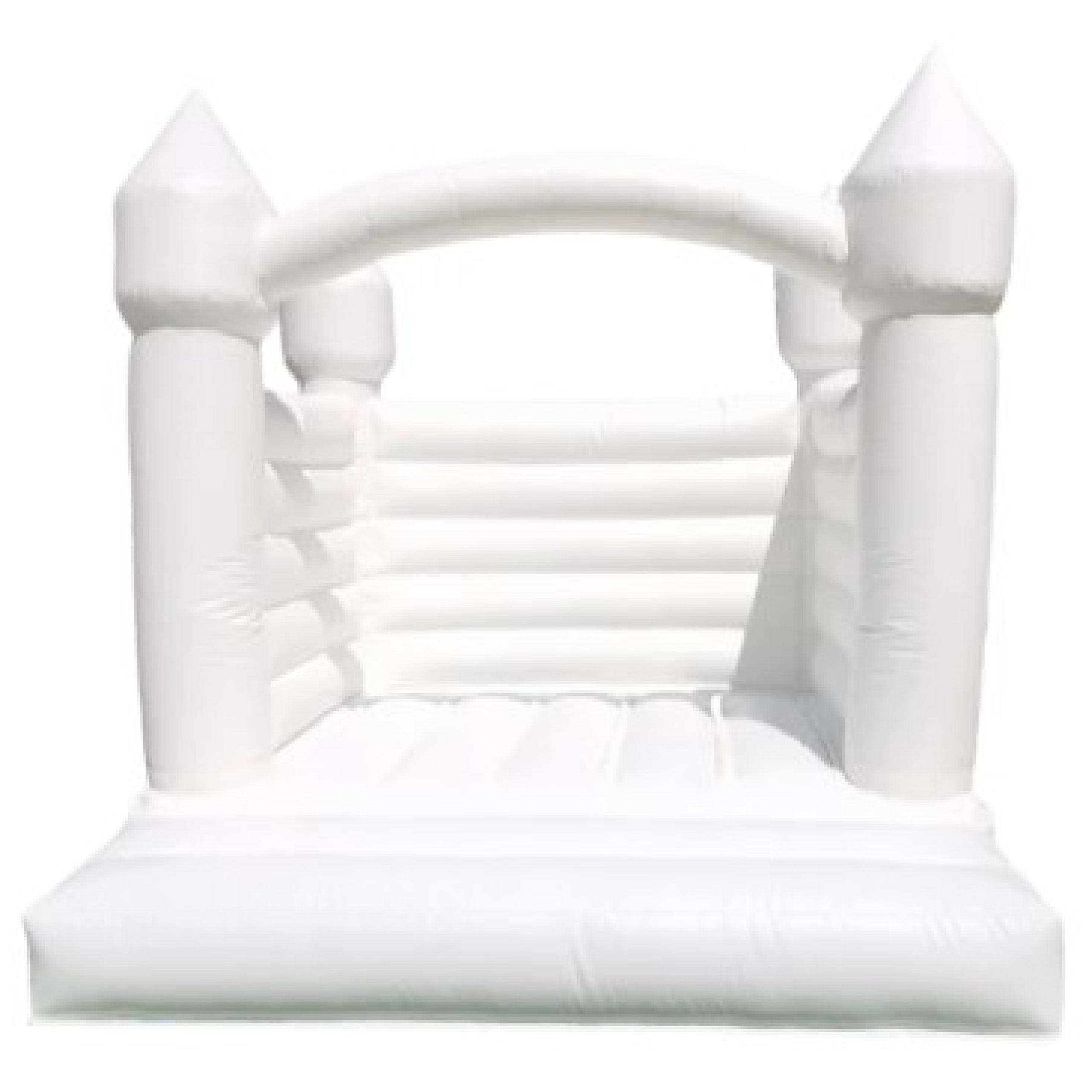 Inflated white child's bouncy castle with four turrets and an arch at the front
