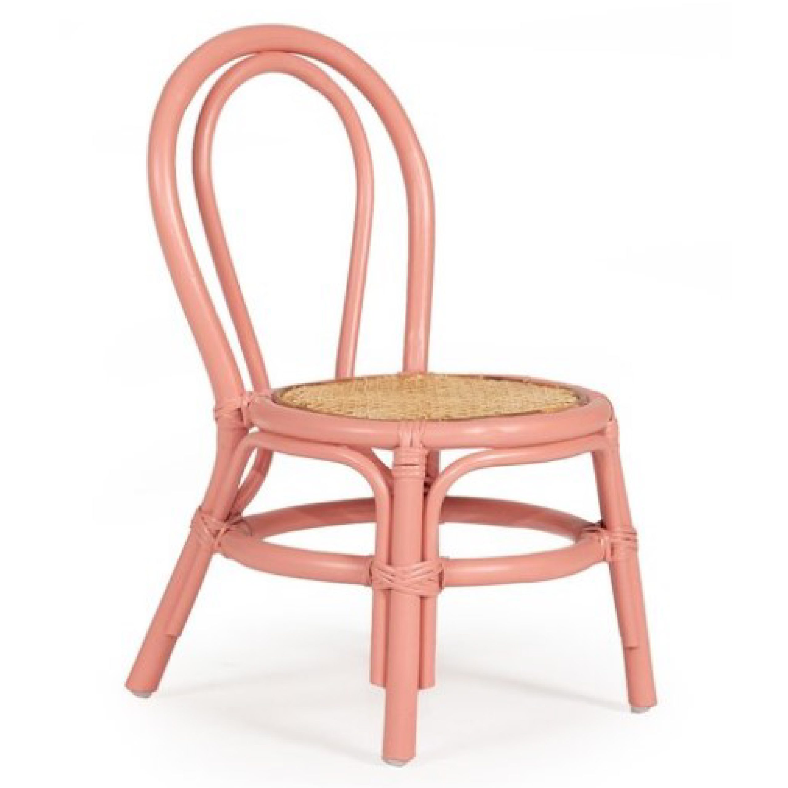 Child-sized rose pink bentwood chair with a rattan seat.