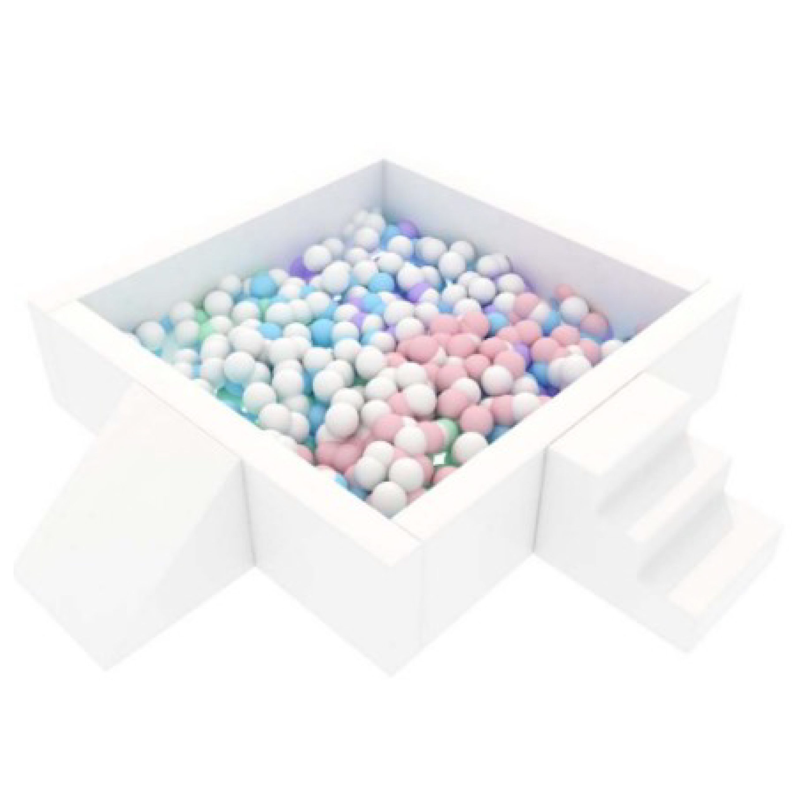 Square, white softplay ballpit with soft white steps on one side and a soft white slide on the other side. The ballpit is filled with plastic balls in white and pastel shades.