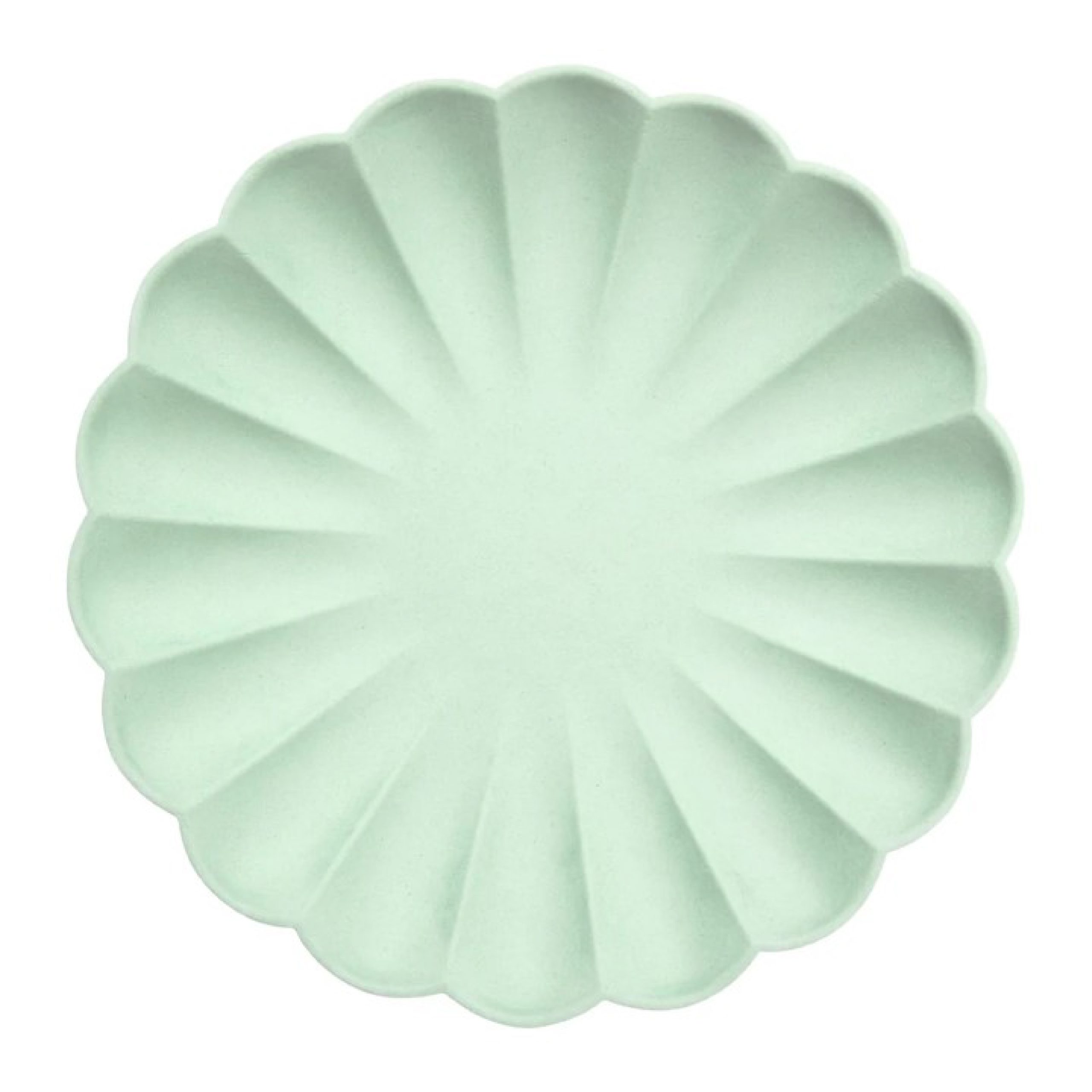Round, soft green plate with ridges and scalloped edges