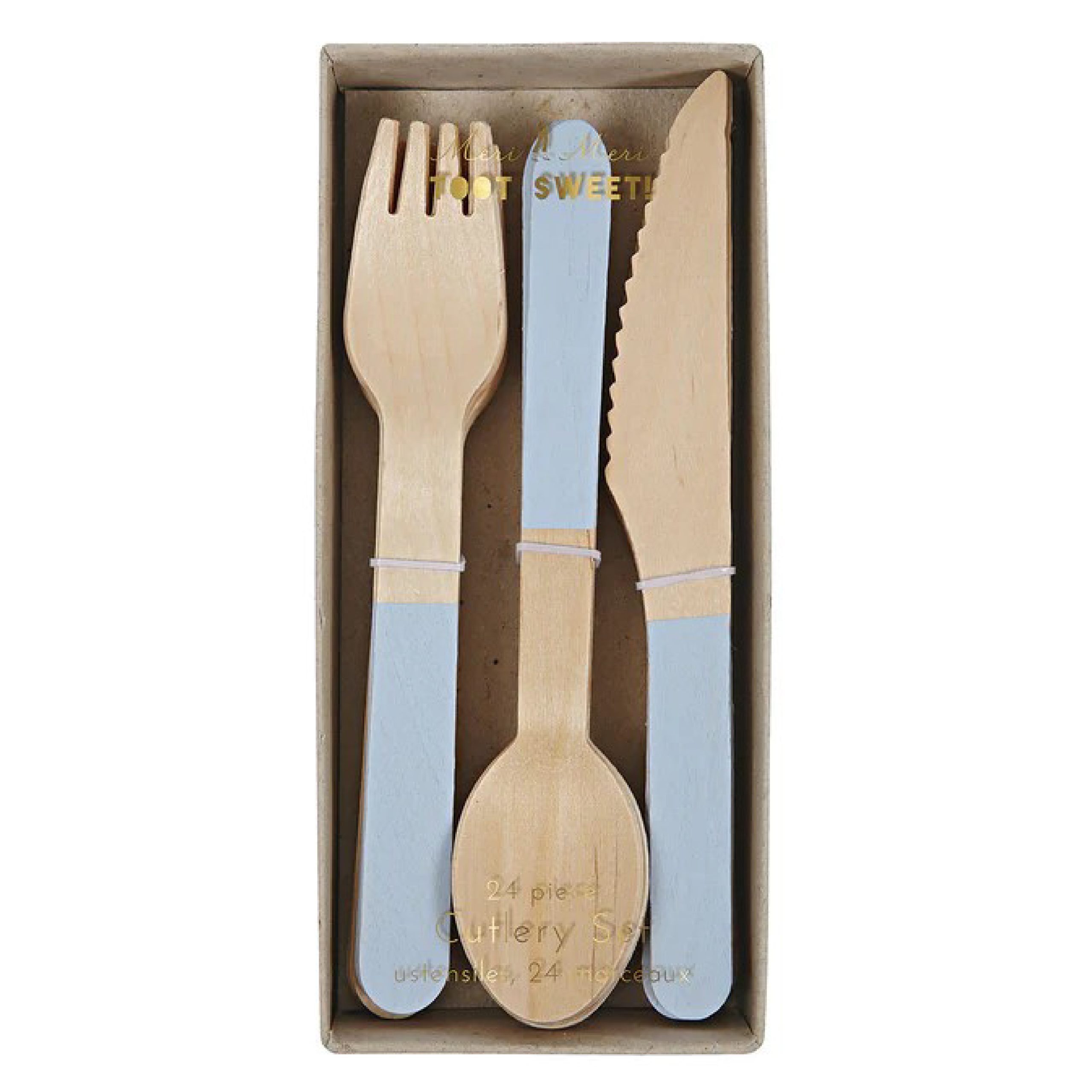 Brown carboard box with a clear front holding a wooden cutlery set with blue painted handles