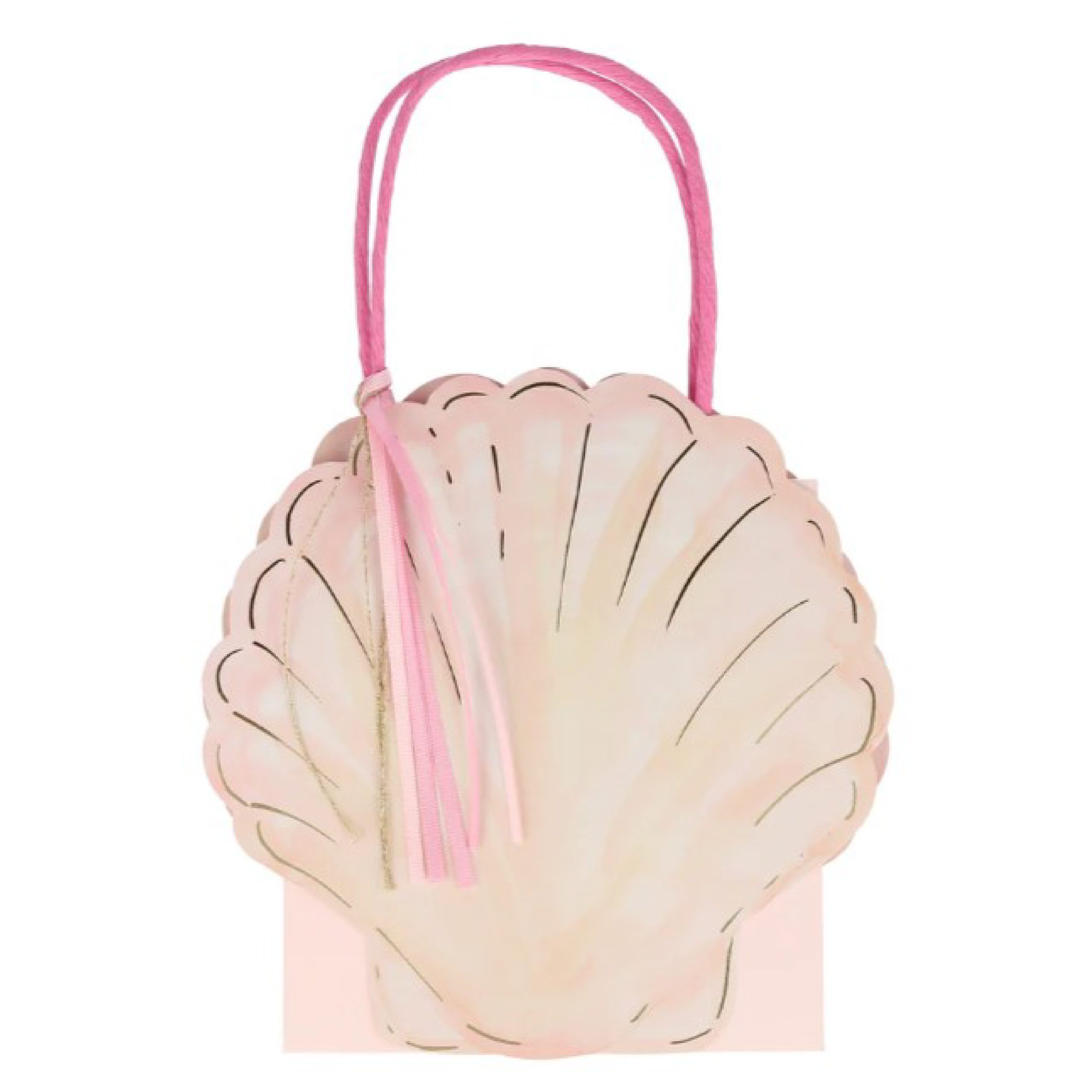 A pink paper favour bag in the shape of a scallop shell with a pink tassel